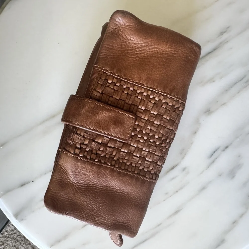 M M Kane Bifold Wallet Brown ~ Tan Woven Leather Women's Zip Super Soft Leather